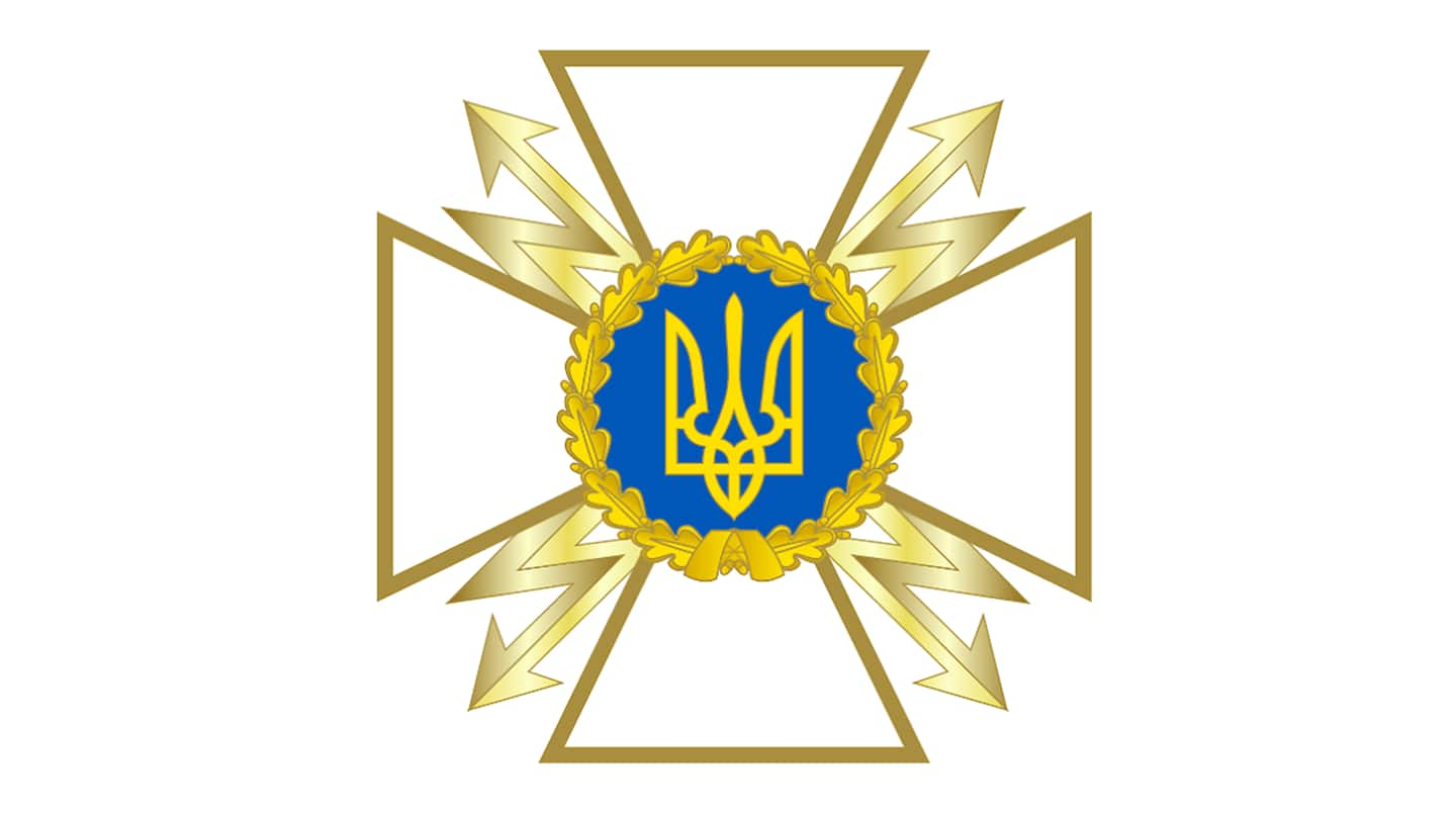 Das Bild zeigt das Nationalwappen der Ukraine in Blau und Gold