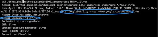 Hier sehen wir die fehlerhaften Anfrageheader. Der User-Agent-String versucht, wie ein Googlebot auszusehen. (aus dem Blogbeitrag „WordPress Malware Setting Up SEO Shops“)