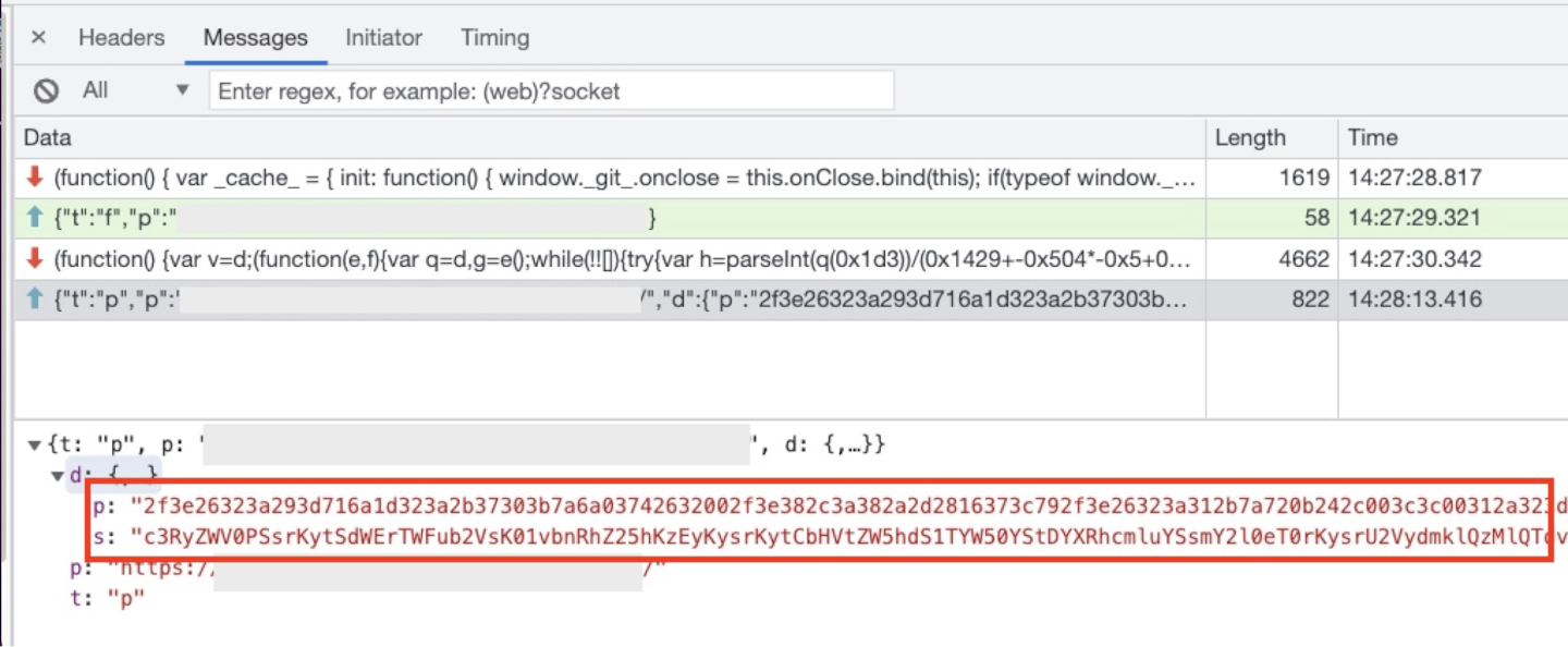 Abbildung 8 zeigt ein Beispiel für die verschlüsselte Nachricht des Skimmers, die über eine WebSocket-Verbindung gesendet wird.