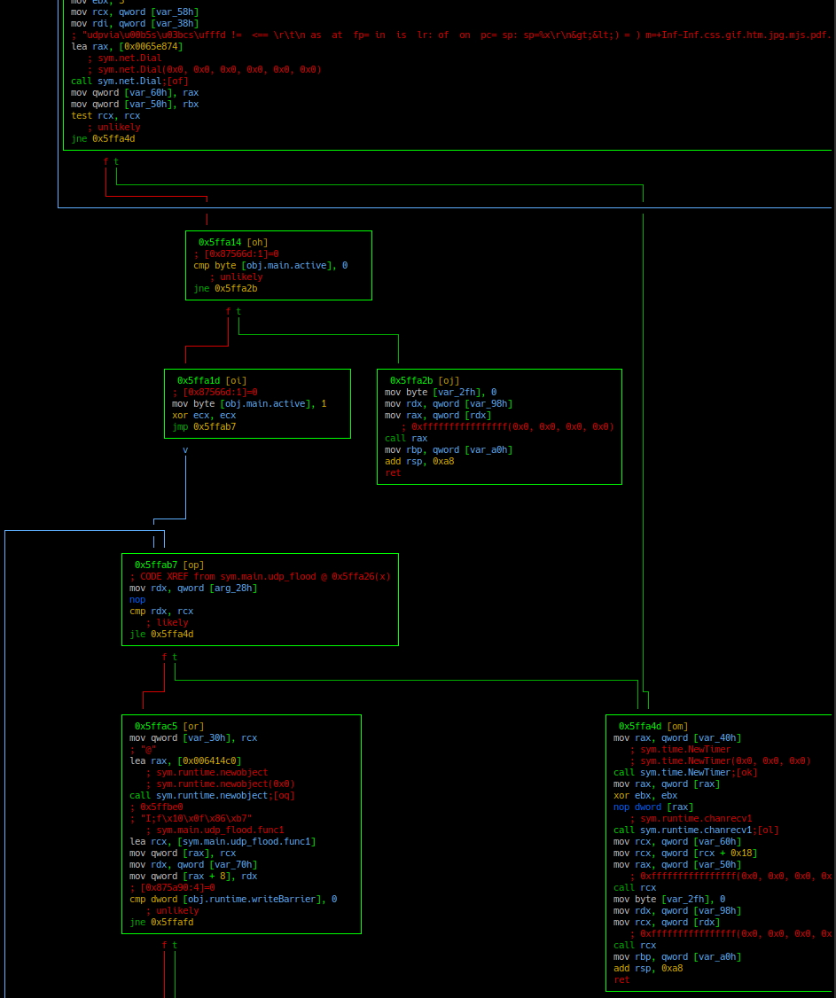 The screenshot in Figure 34 shows the setup of the udp_flood socket. It utilizes Go’s net library using net.Dial to create the UDP socket. 