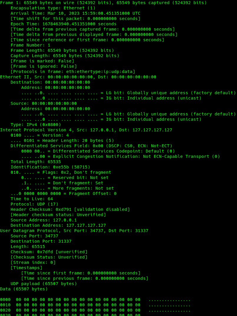 This is all likely a side effect of net.Dial managing the UDP socket across the entire attacker worker pool. One other thing to note is the failing check sums on the UDP data.