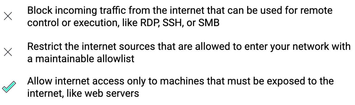 Tabelle mit einer Zusammenfassung der Leitprinzipien für die Segmentierung, die den Erstzugang verhindert. (1) Eingehenden Traffic aus dem Internet blockieren, der für Remotesteuerung oder -ausführung verwendet werden kann, wie RDP, SSH oder SMB. (2) Internetquellen beschränken, die Daten in Ihr Netzwerk übertragen dürfen – mit einer überschaubaren Zulassungsliste. (3) Internetzugang nur auf Computern zulassen, die für das Internet zugänglich sein müssen, wie z. B. Webserver.