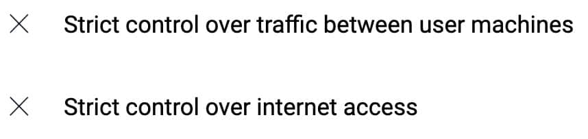 Tabelle mit einer Zusammenfassung der Leitprinzipien für die Segmentierung, die laterale Netzwerkbewegung verhindert. (1) Strenge Kontrolle des Traffics zwischen Nutzercomputern. (2) Strenge Kontrolle des Internetzugangs.