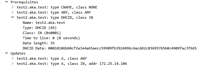  In Abbildung 26 sehen Sie, dass das DNS-Update, das vom DHCP-Server gesendet wird, eine Voraussetzung für den DHCID-Wert enthält.