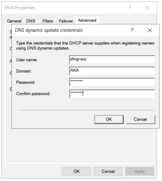 Diese Einstellung ermöglicht es uns, die Anmeldedaten eines Domain-Nutzers anzugeben und diese vom DHCP-Server anstelle des Computerkontos beim Erstellen und Aktualisieren von Datensätzen zu verwenden (Abbildung 28).