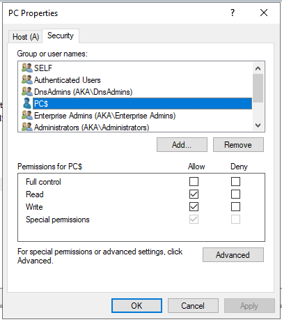 In Abbildung 5 sehen Sie die ACL für den DNS-Datensatz des Hosts „PC.aka.test“. Dieser Datensatz wurde vom Computerkonto erstellt und hat daher die Berechtigung, ihn zu ändern.