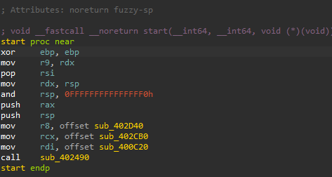 Der Einstiegspunkt (start) der reduzierten Binärdatei nach dem Entpacken durch UPX. Es werden drei unbenannte Funktionen in die Register r8, rcx und rdi geladen, bevor eine weitere unbenannte Funktion aufgerufen wird.