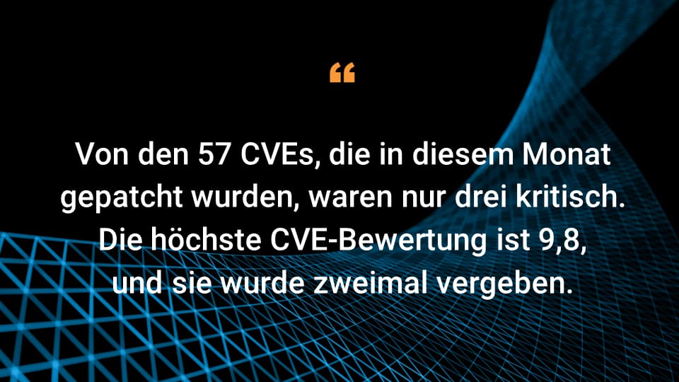 Von den 57 CVEs, die in diesem Monat gepatcht wurden, waren nur drei kritisch. Die höchste CVE-Bewertung ist 9,8, und sie wurde zweimal vergeben.