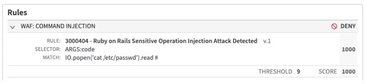 Unsere neueste Adaptive Security Engine-Regel – 3000404 Ruby on Rails Sensitive Operation Injection Attack Detected – bietet ein höheres Maß an Genauigkeit und Abdeckung bei der Erkennung und Abwehr von Code-Injection-Angriffen auf Rails-Anwendungen (Abbildung 1).