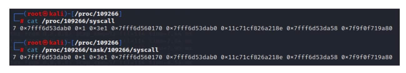 In Figure 17, we can see that reading the syscall file from the /proc/<pid> directory is equivalent of reading from the /proc/<pid>/task/<pid> directory, which represents the main thread of the process.