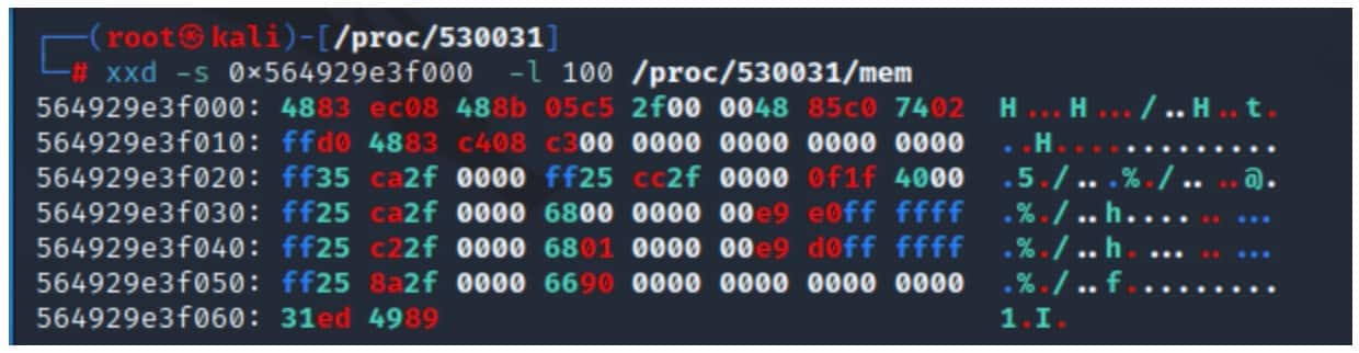 In the example in Figure 2, we used the xxd utility to read 100 bytes from the process mem file, starting at a specified offset.