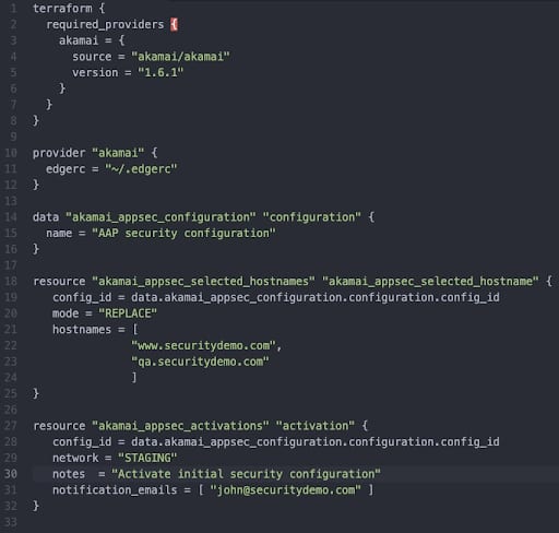 Figure 2 - Example HCL code for managing hostnames protected by App & API Protector using Terraform