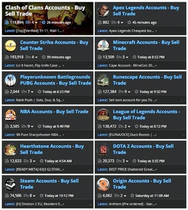 A sample of the types of games where accounts can be purchased