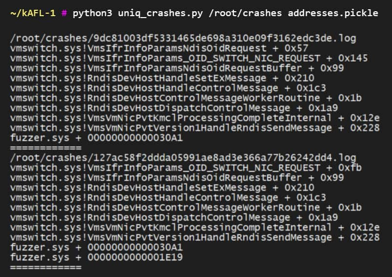 A detailed crash report from hAFL1, showing the stack trace, function names and offsets within them.