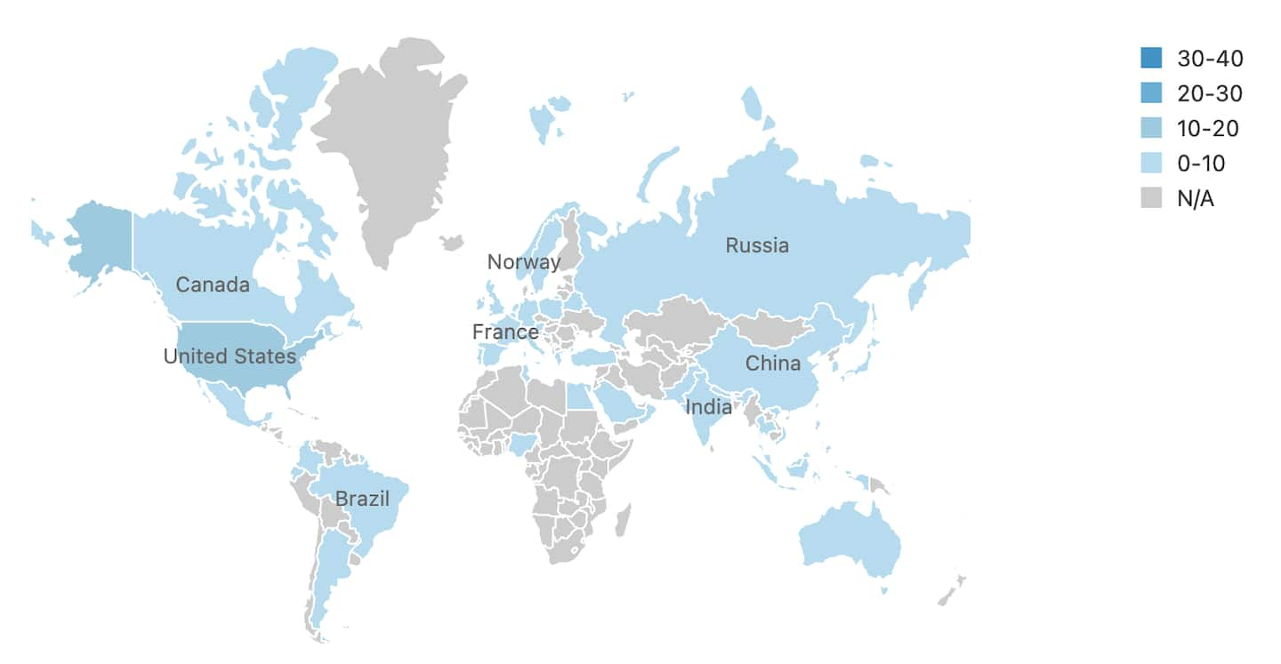 Fig. 4: Geographical distribution of CVE-2022-26134 exploitation