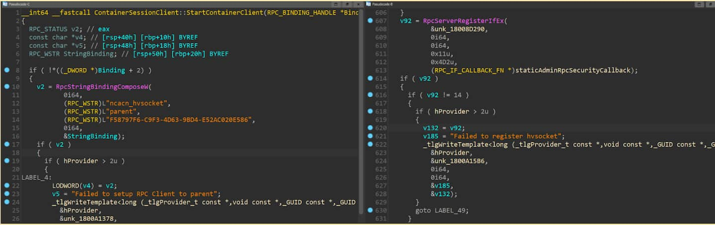 Fig. 1: Client setting up RPC connection over hvsocket vs server setting up a hvsocket endpoint