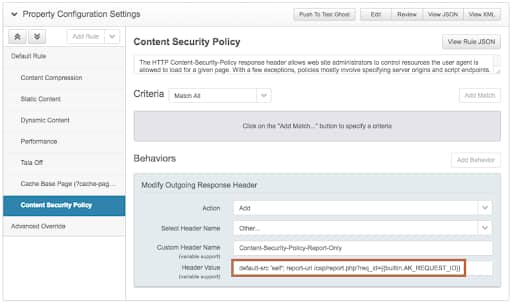 Fig. 18: Property Manager showing CSP header configuration