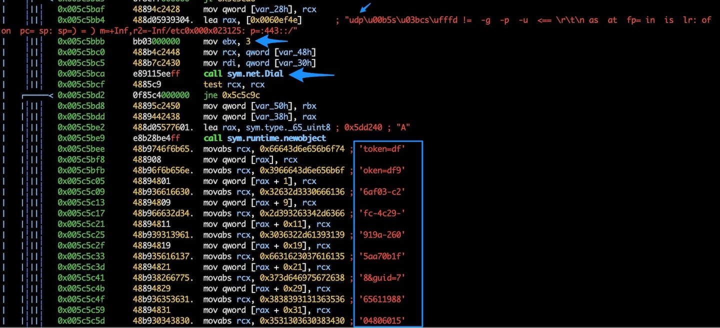 Fig. 5: Disassembly of sym.main.udpfivemtoken function showing the creation of a UDP packet with FiveM token data