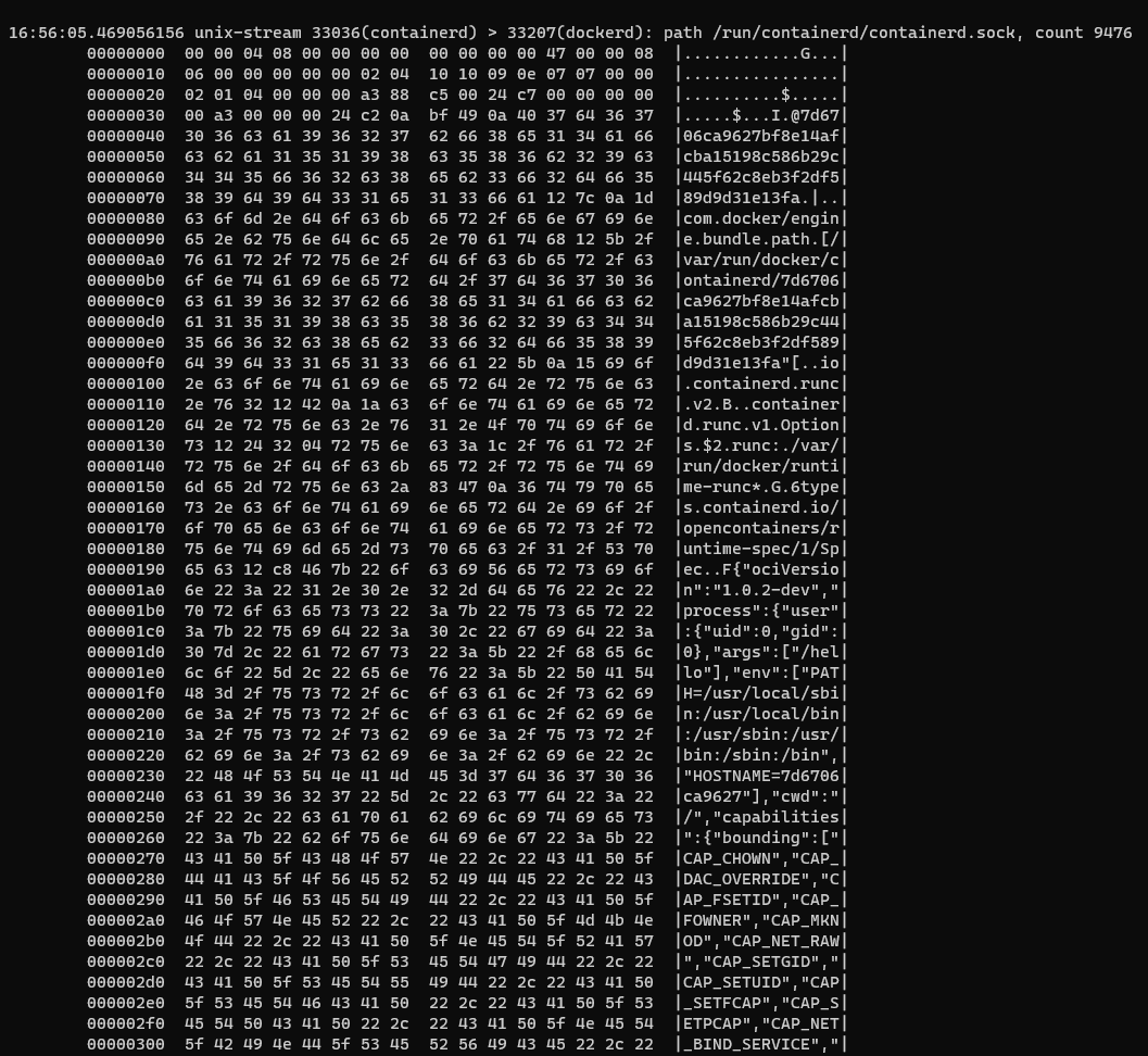 As you can see, the container executed successfully. Now, let’s have a look at what we can see with ipcdump, by executing the following command in a separate terminal:  ipcdump -t u -x