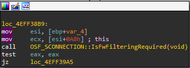 disassembly of DoSecurityCallbackAndAccessCheck showing the check if filtering is required