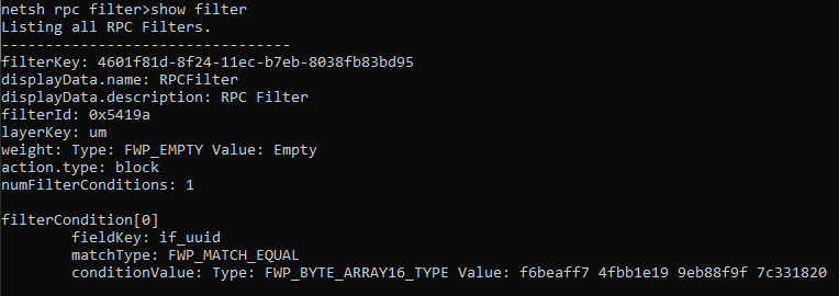 Output of netsh's show filter command