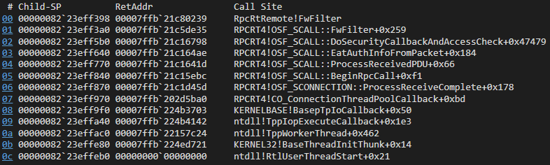 call stack for a process RPC filter