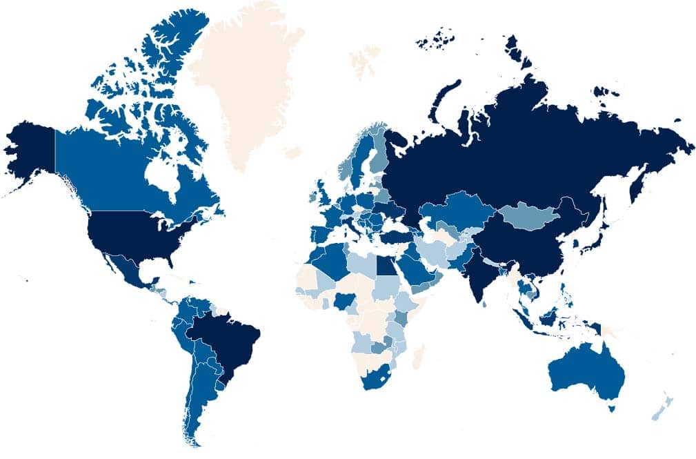 Global distribution of Smominru. Darker colors represent more infected countries.