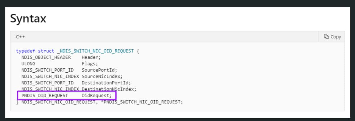 Fig. 5: NDIS_SWITCH_NIC_OID_REQUEST structure as documented by Microsoft