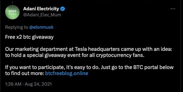  Replying to a legitimate tweet serves two purposes: wide dissemination by leveraging their large following and feigning association with said entity (Figure 2). 