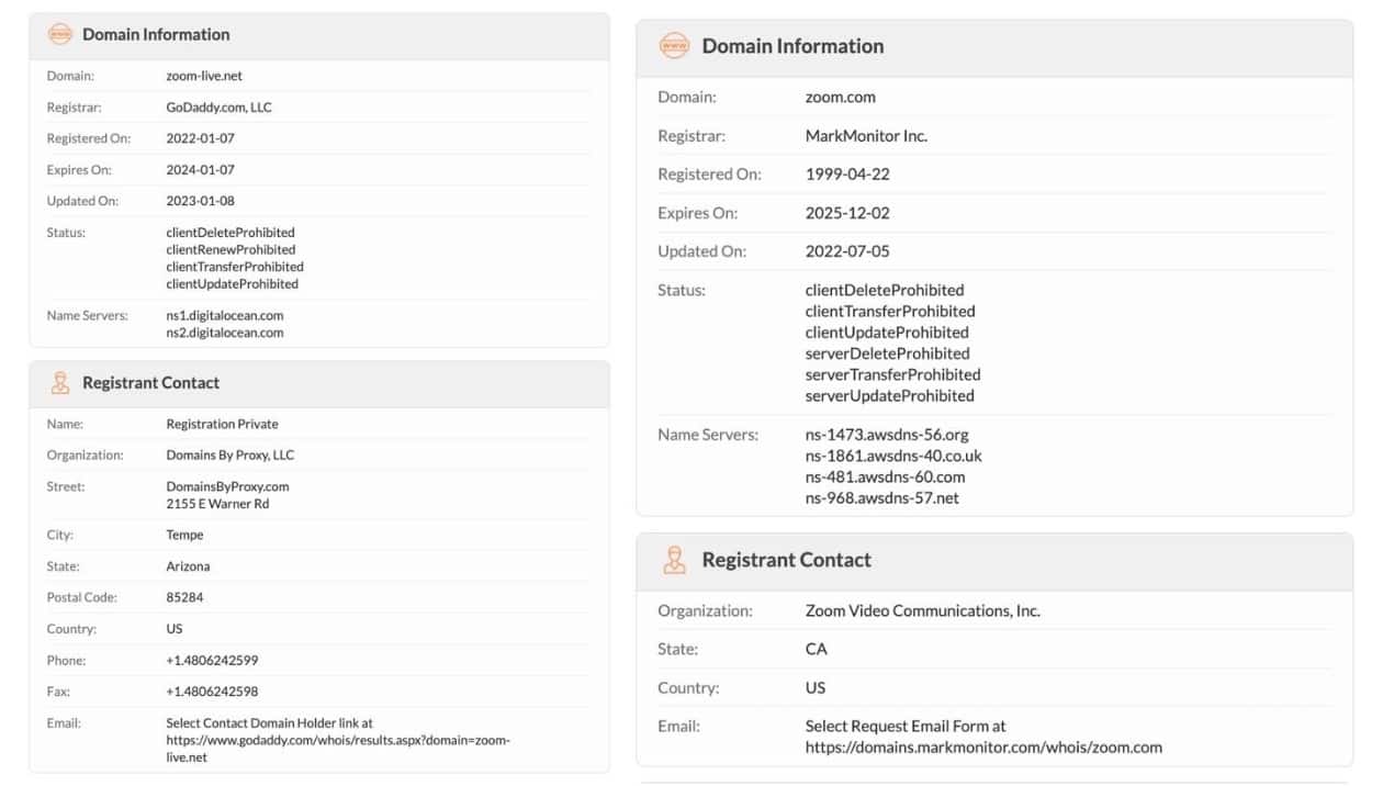 Screenshot of domain registration of two similar URLs