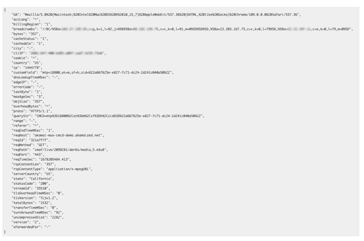 The actual JSON log object pushed to S3 will look like the sample shown below. The IP addresses have been blurred for privacy. The CMCD data is carried in the “customField.”