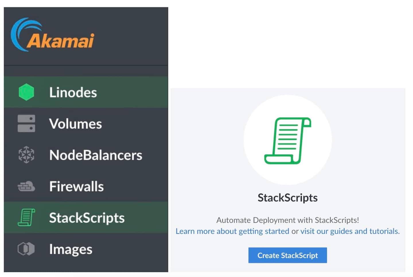 Akamai Linode dropdown menu and create StackScripts screenshot