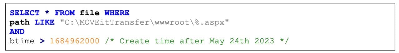 Code snippet used to find recently created aspx files