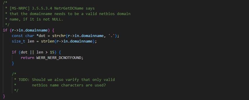 A code extract from Samba's repository, with a TODO comment: "Should we also verify that only valid netbios name characters are used?"