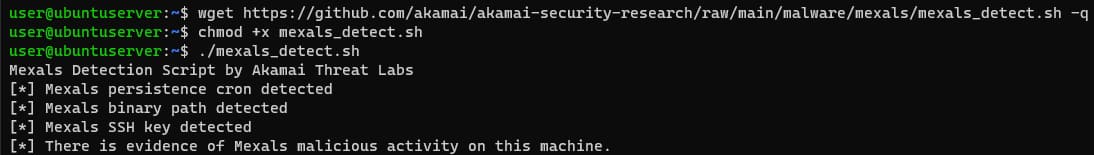 A Linux terminal showing the execution of the detection script. First it's downloaded from github using wget, then given execute permissions using chmod, and lastly it is executed. It prints to the terminal that it detected the malware's persistent cron, its binary path and its SSH key.