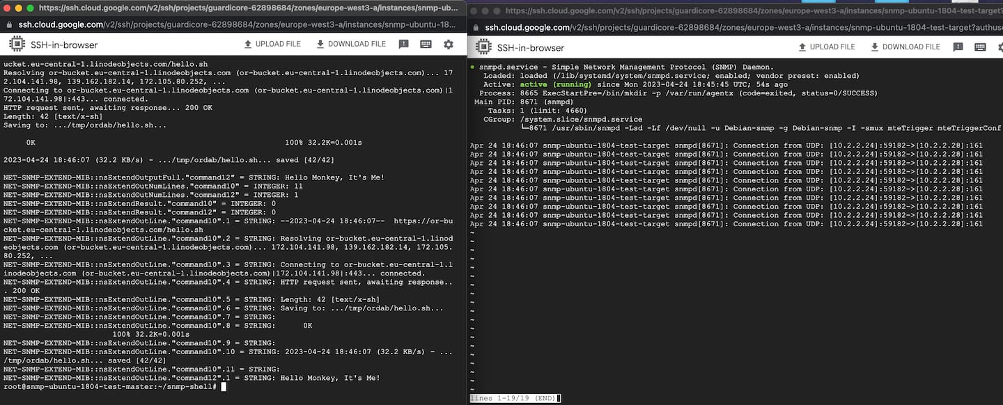 Two terminal windows side by side. The left terminal shows the output of a script that runs a remote script on a server using SNMP EXTEND, the left showing incoming connections to the target server