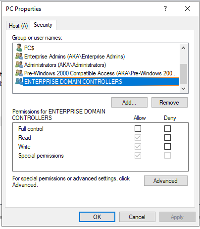 Interestingly, if we inspect the default ACL of an arbitrary DNS record, we will see that the ENTERPRISE DOMAIN CONTROLLERS principal has write permission over every DNS record in the zone — regardless of who created it (Figure 19).