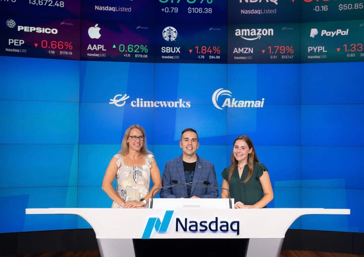 The Akamai Sustainability Team – honored during the September 19 closing bell at the Nasdaq MarketSite over Climate Week NYC 2023 