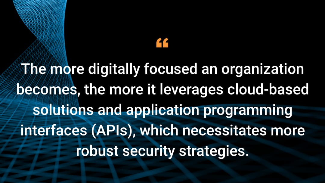 The more digitally focused an organization becomes, the more it leverages cloud-based solutions and application programming interfaces (APIs), which necessitates more robust security strategies.