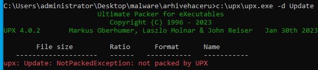 A screen snip of the windows command line running upx unpack on one of the malicious payloads. The command returns an error "not packed by UPX"