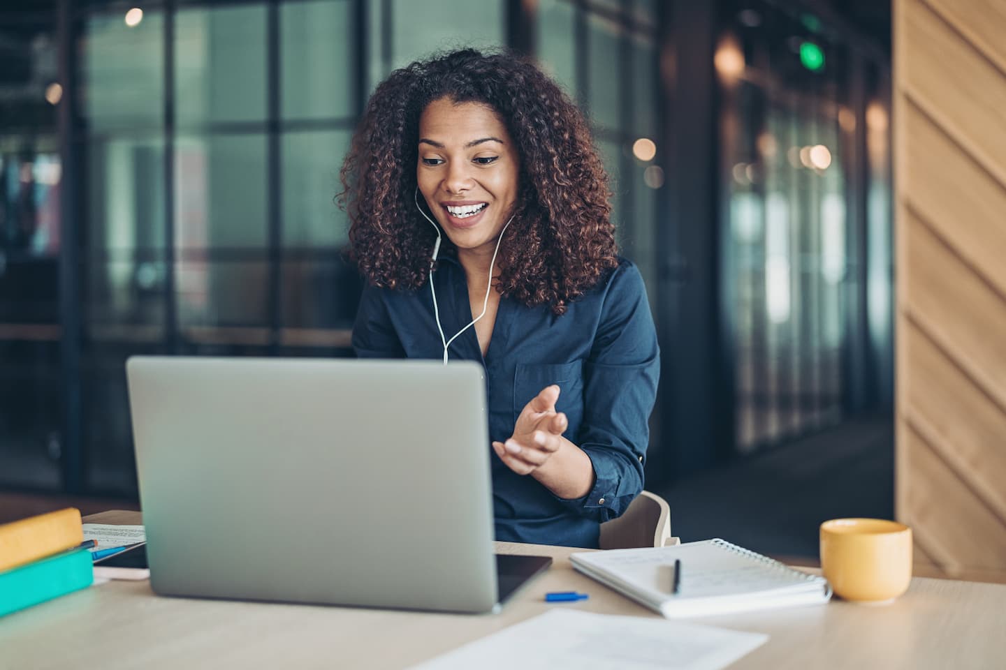 Businesswoman with a laptop having a video call