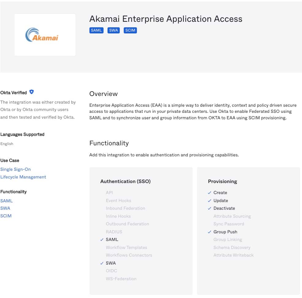 Akamai Enterprise Application Access certified with OKTA for single sign-on and user provisioning