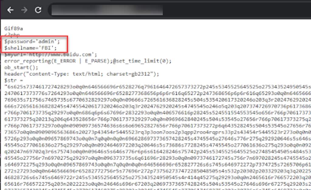 The downloaded text file contains an obfuscated version of a web shell, a server-side backdoor script for remote server control. The web shell code uses obfuscation, specifically a basic ROT13 transformation that results in a single, lengthy HEX string (Figure 2).