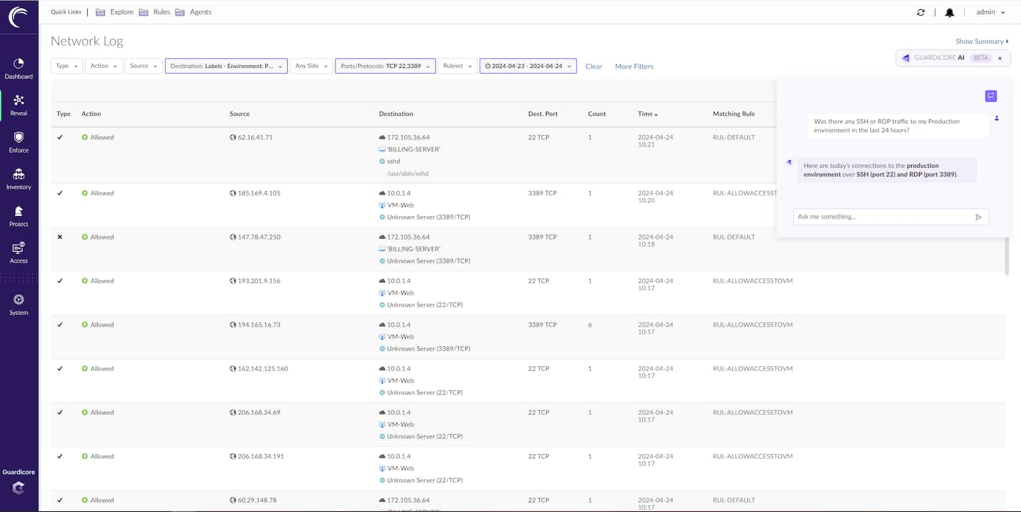 Guardicore AI can help here, as well. Now you can use natural language prompts to investigate suspicious traffic, or surface any process communications that may have been abused by malicious actors, such as the commonly abused Secure Shell (SSH) or Remote Desktop Protocol (RDP) (Figure 5).