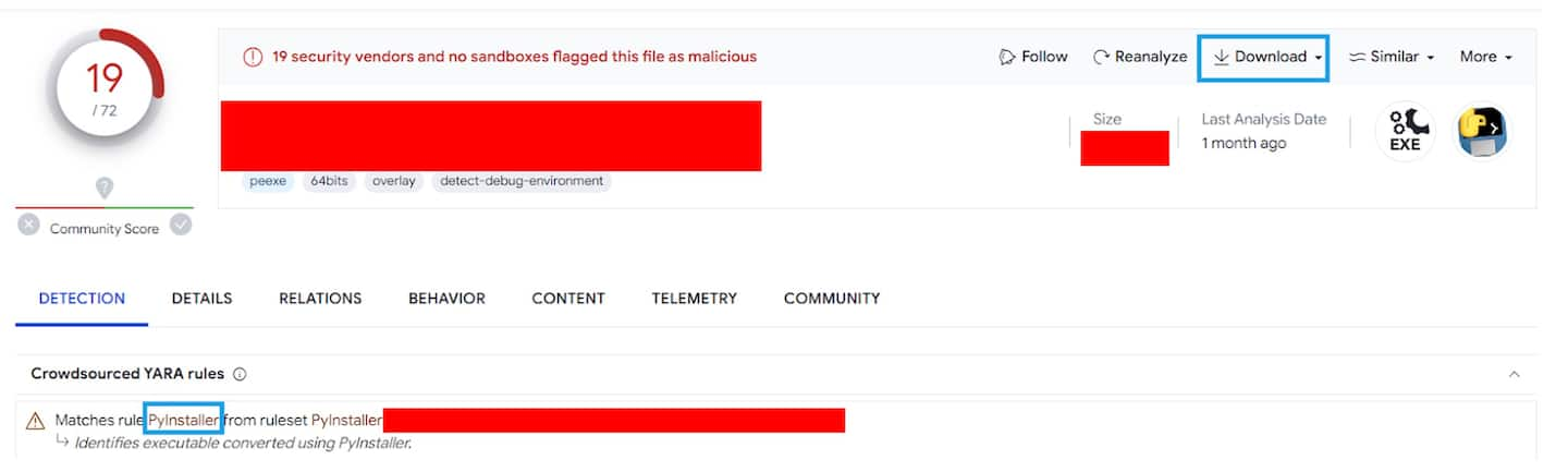 One file in particular stood out: It was recently created, and had never appeared in this customer’s network. It had been seen on VirusTotal, however (Figure 2), which denoted it had been flagged as malicious by a number of sources.