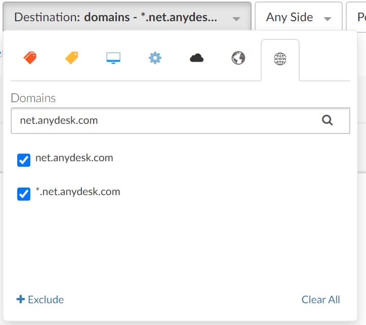 Filtering the network log to identify communication to AnyDesk domains